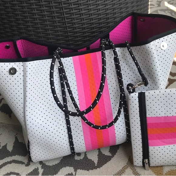 NEOPRENE TOTE, White with Pink & Orange Stripe, detachable pouch, beach tote - Picture 2 of 12
